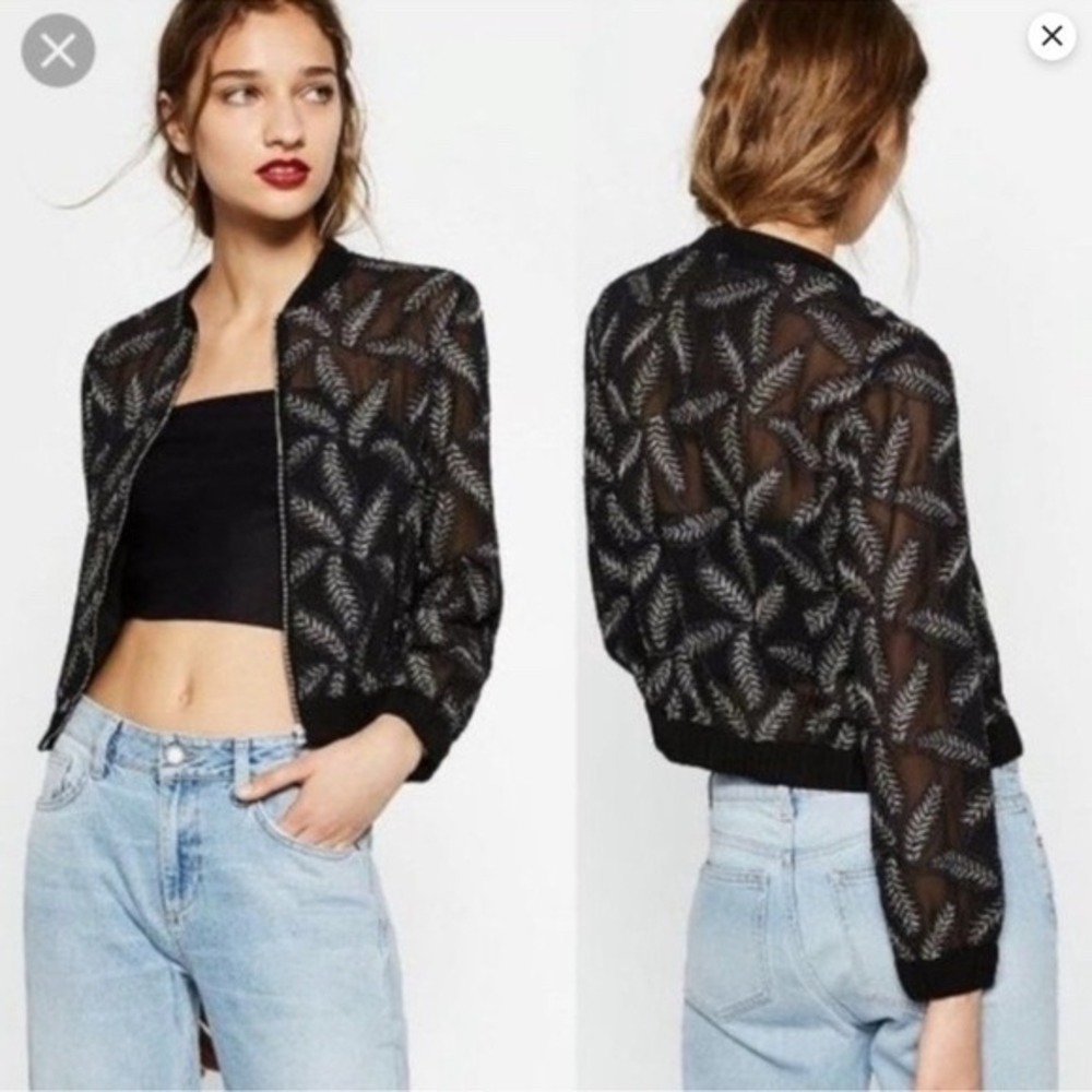 Zara Basic Collection Bomber Jacket Black Leaf‎ P… - image 1